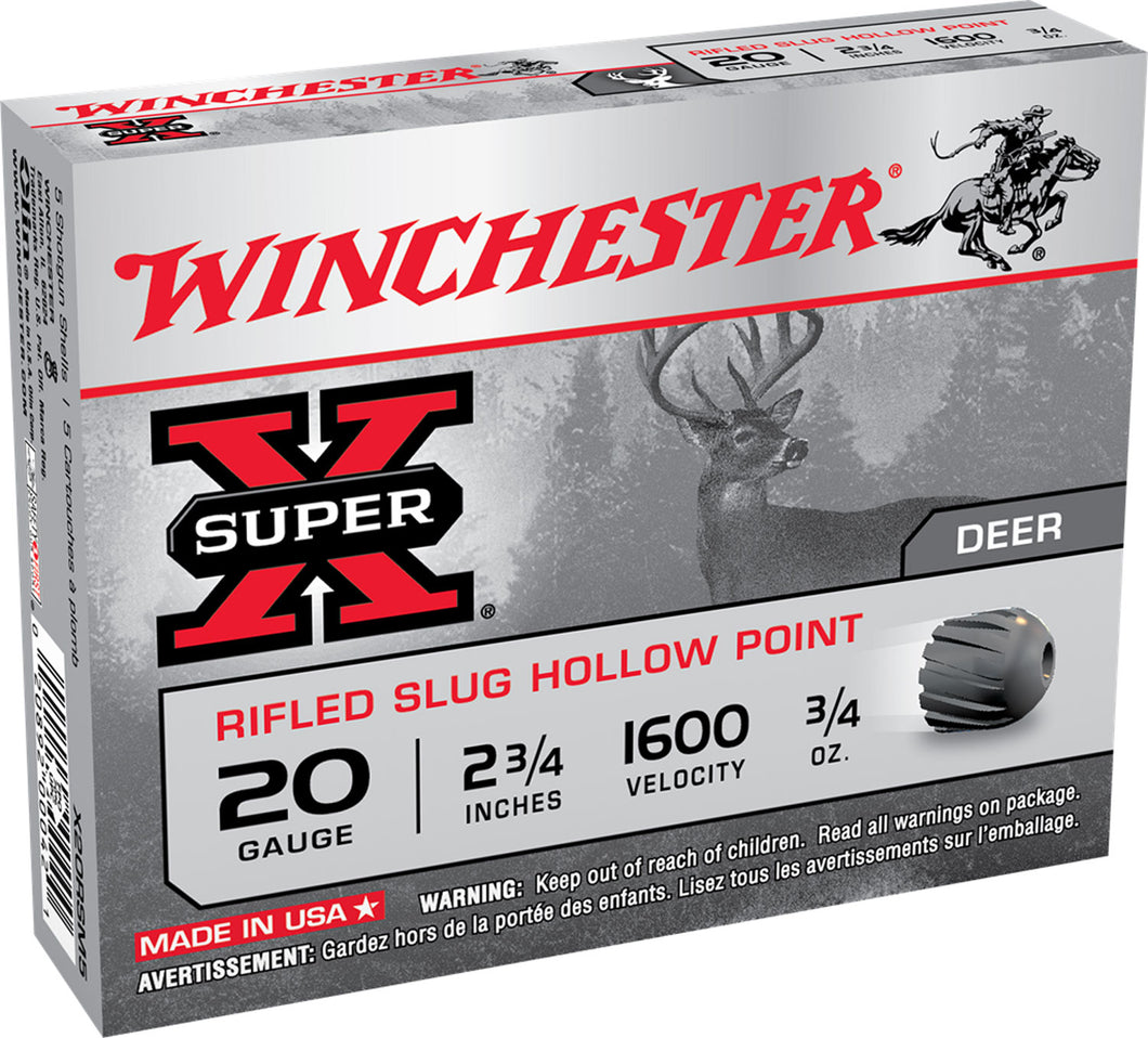 20GA Winchester 2 3/4 inch Rifled Slugs - 5 Rounds